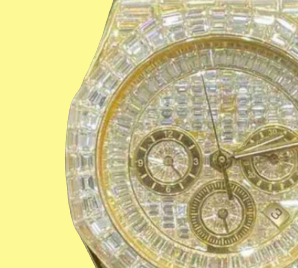 CHANDELIER ICED OUT "AP" 18K SOLID GOLD WATCH | VVS1 80 CTS T.W.