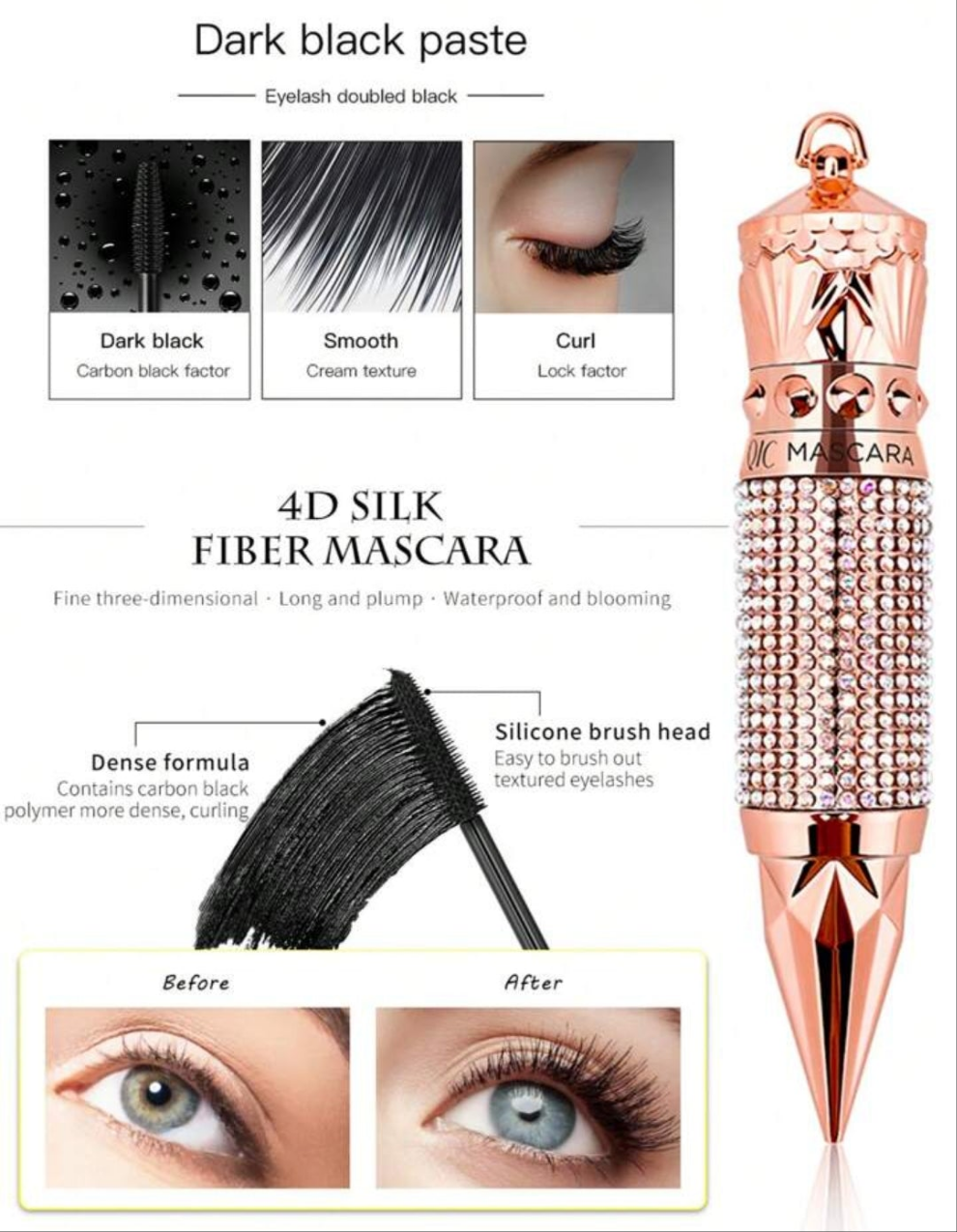 Silk Fiber Mascara Rhinestone Decorative Shell Mascara , Waterproof Smudge Proof Elongate Eyelashes Makeup Tool , Natural Thick Curling Mascara