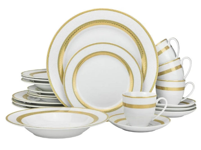 Royalty Porcelain "Queen" 20-Piece White & 24K Gold Dinnerware Set, 24K Gold-Plated Fine Porcelain, Service for 4