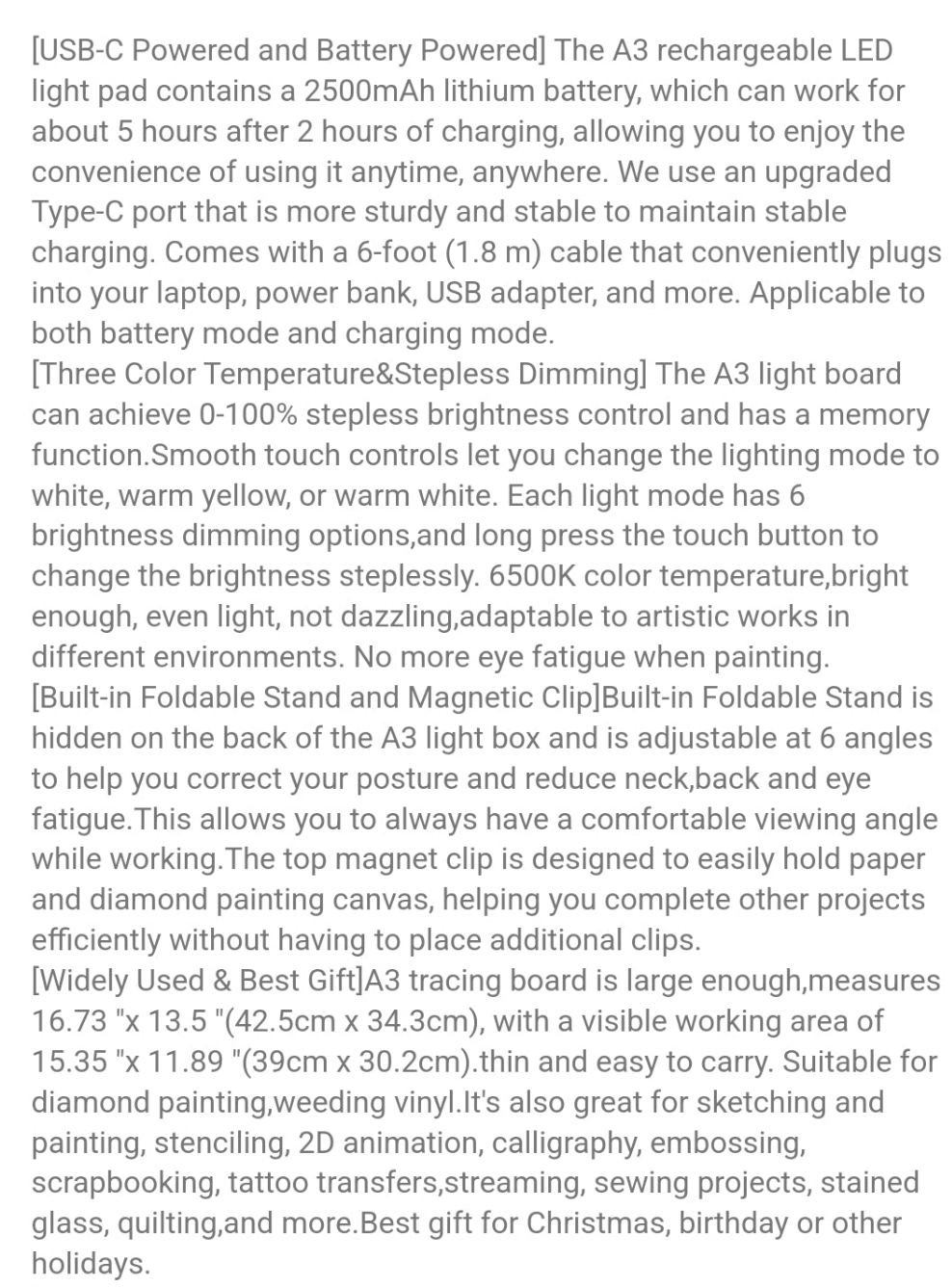 Rechargeable A3 Light Pad For Diamond Painting,Tracing Light Box With Stand And Clip,3 Colors Stepless Dimmable And 6 Levels Of Brightness Light Board For Artists,Drawing,Sketching,Animation