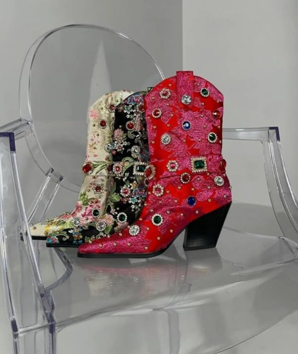 Western Cowgirl Boots For Women Flower Embroidered Rhinestone Mid Calf Pointed Toe Chunky Heel Cowgirl Boots