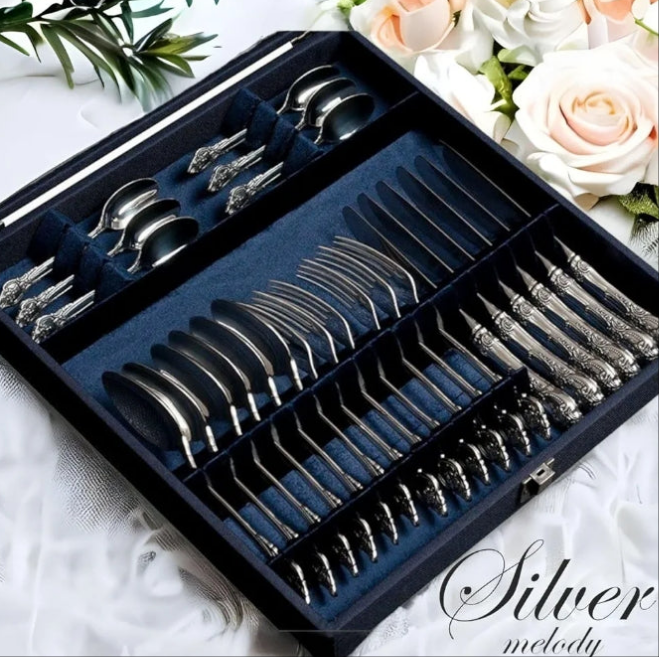 Sterling Silver Cutlery Set Rosette Design 24 pcs (Spoon, Fork, Knife, Tea Spoon) for 6 Persons in a Gift Box by Silver Melody - Wedding Silverware Gift - Silver Hostess Gift Rose Style