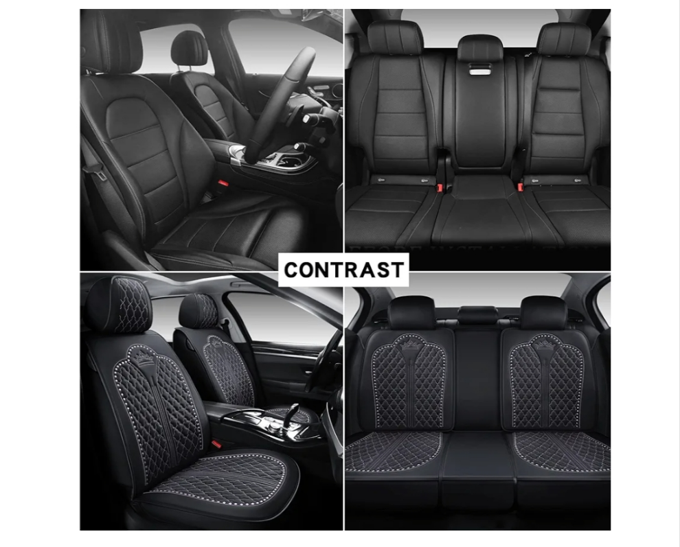 Crown Full Set Universal Fit 5 Seats Car Surrounded Waterproof Leather Car Seat Covers Protector Adjustable Removable Auto Seat Cushions with 2 Waist Pillows 2 Headrest Pillows