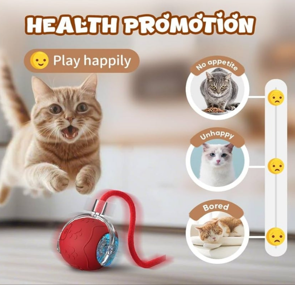Chase Pet Toy Ball, 2025 Upgraded 360° Automatic Rolling Cat Ball Toy with Rope, Self-Entertainment Interactive Pet Toy Balls for Cats,Dogs (Red)