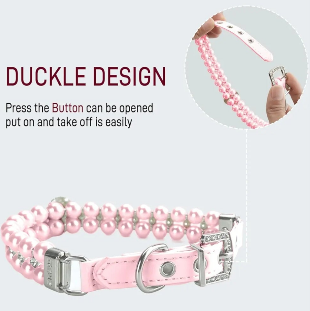 Dog Cat Big Pearl Collars with Crystal Rhinestone Diamond Décor, Adjustable Cute Fashion Pet PU Leather Necklace for Wedding Birthday Party