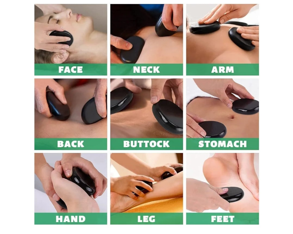 Hot Stones for Massage-6 Large Essential Basalt Massage Stones Set (3.15in) with 1 Gua Sha Facial Tools, Massage Tools for Professional or Home SPA, Relaxing, Healing, Pain Relief