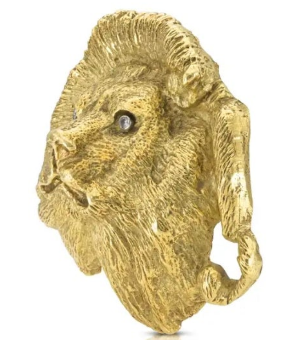 18k Gold Diamond Vintage 1970s Gold Lion Belt Buckle with Diamonds