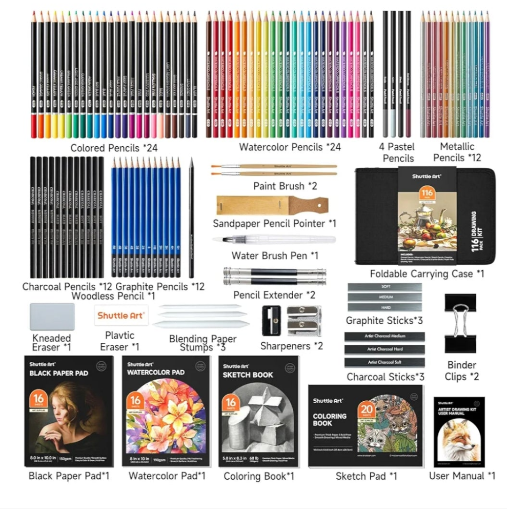 116 PCS Drawing Kit, Professional Drawing Supplies with Sketch, Charcoal, Colored, Graphite, Pastel Pencils & Sticks, Complete Drawing Tools and Paper Pads in Zipper Case for Artists&Kids