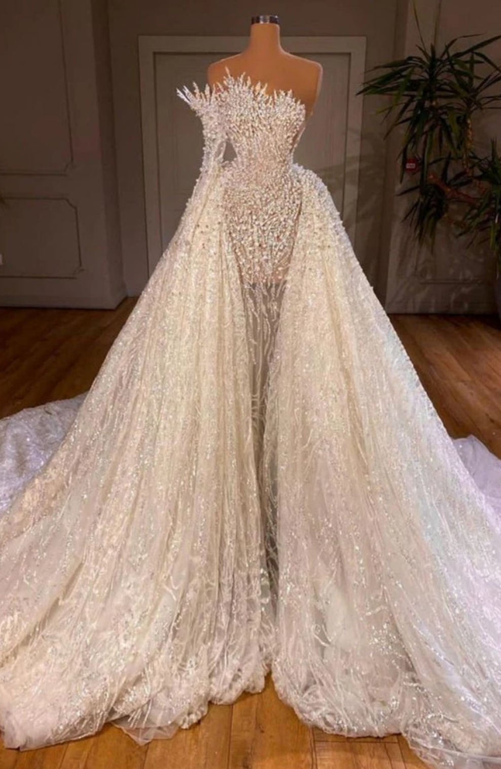 Stunning Long White One Shoulder A-line Beading Pearls Long Sleeve Weeding Dress With Train