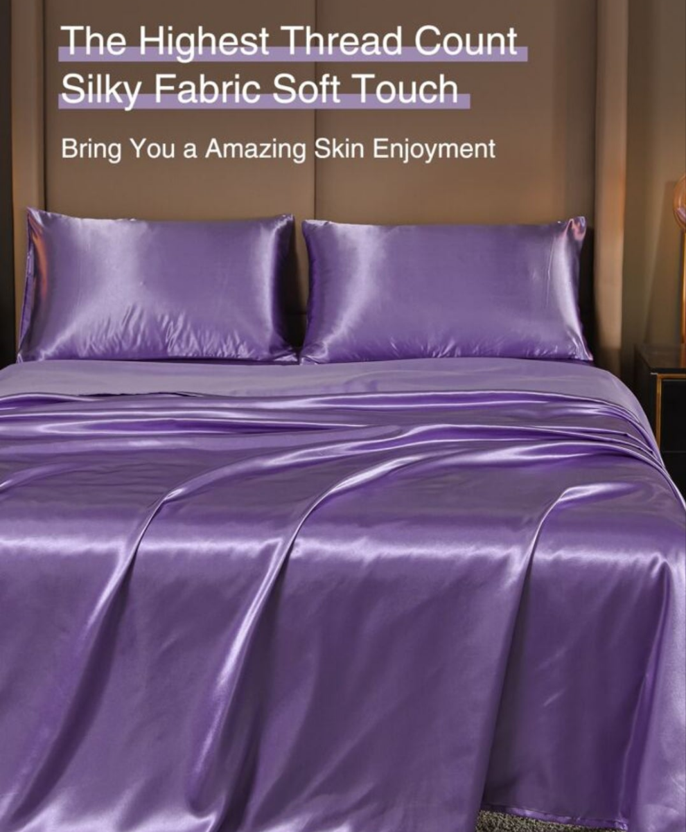 4pcs Plain Satin Sheet Set Without Filler,1pc Fitted Sheet & 1pc Flat Sheet & 2pcs Pillowcase, Bedding Full/Twin/Queen/King