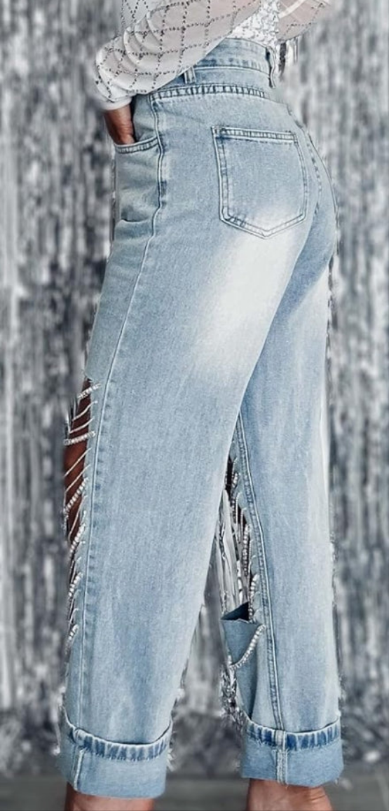 Sexy Ripped Distressed Destroyed Rhinestones Chain Party Clubwear Denim Pants Jeans