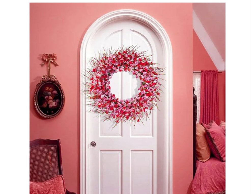 Wreath for Front Door, 20in Artificial Red Pink Forsythia Flower Berries Wreaths for Front Door, Farmhouse Hanging Wall Decor