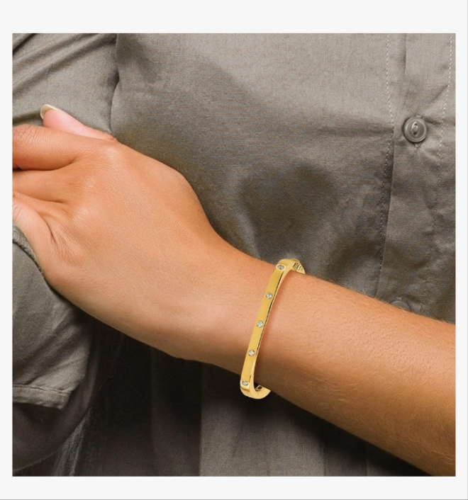 COCOMONEY 18K Solid Yellow Gold Diamond Hinged Bangle Bracelet