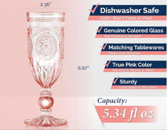 Pink Champagne Glasses set of 6 pink champagne flutes 100% dishwasher safe true pink glassware with vintage glassware vibes