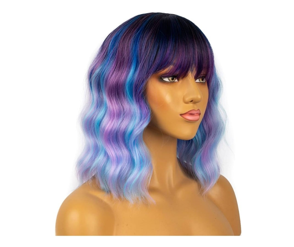 Wigs with Bangs for Women Loose Wavy Wig Pastel Wavy Shoulder Length Bob Synthetic Cosplay Wig for Girl Colorful Costume Wigs (Pink)
