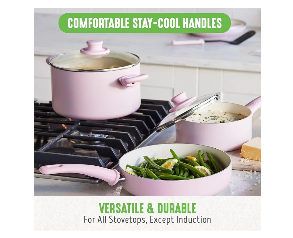 Soft Grip 16 Piece Cookware Set, Non-Toxic PFAS-Free Ceramic Nonstick, Frying, Sauce, Saute, Utensils, Glass Lids, Stay-Cool Handles, Wobble Free, Dishwasher & Oven Safe, Soft Pink