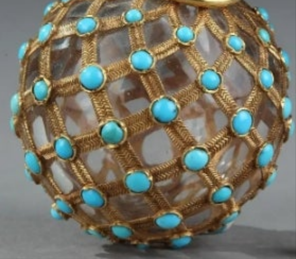 Gold, Crystal and Turquoise Perfume Flask Restauration Period 18k Gold