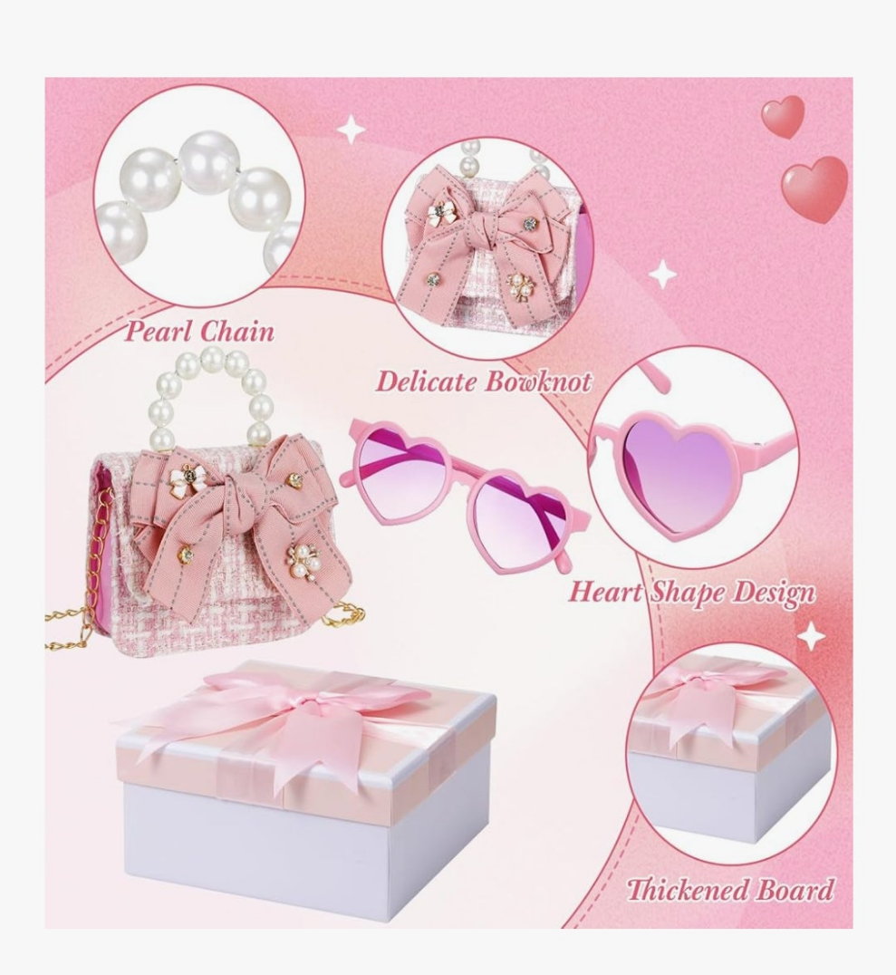Mini Purse Cute Bowknot Crossbody Bag with Pearl Bow Sunglasses Box Set Travel Handbag for Women Birthday Easter Gift