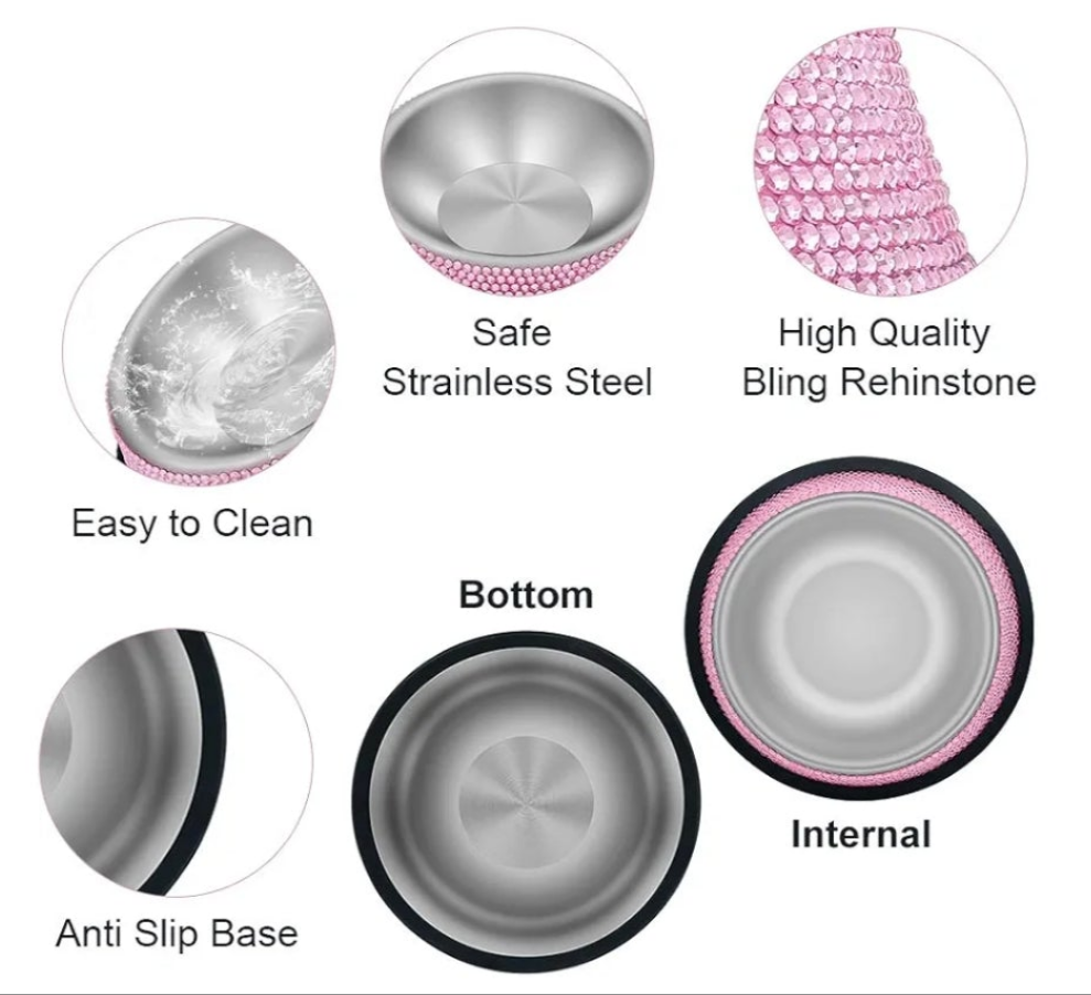 Rhinestone Pet Bowls, Bling Dog Cat Bowl Stainless Steel for Pets Food Water Dishes-2 Pack or single bowl