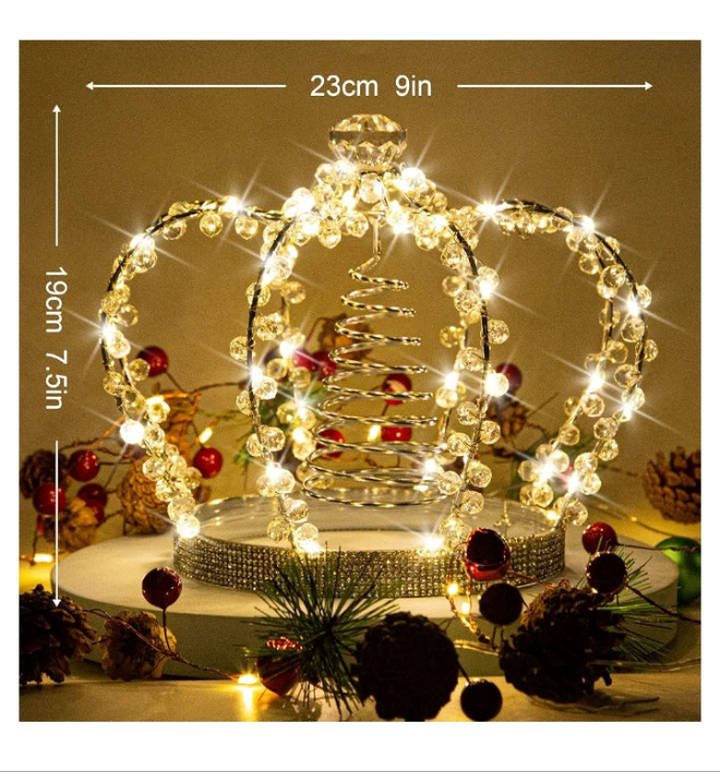 Jeweled Crown with 60 Warm White LED USB Lighted Tree Topper, Xmas Tree Decor with Remote Control 8 Lighting Mode, Timer,(Silver)