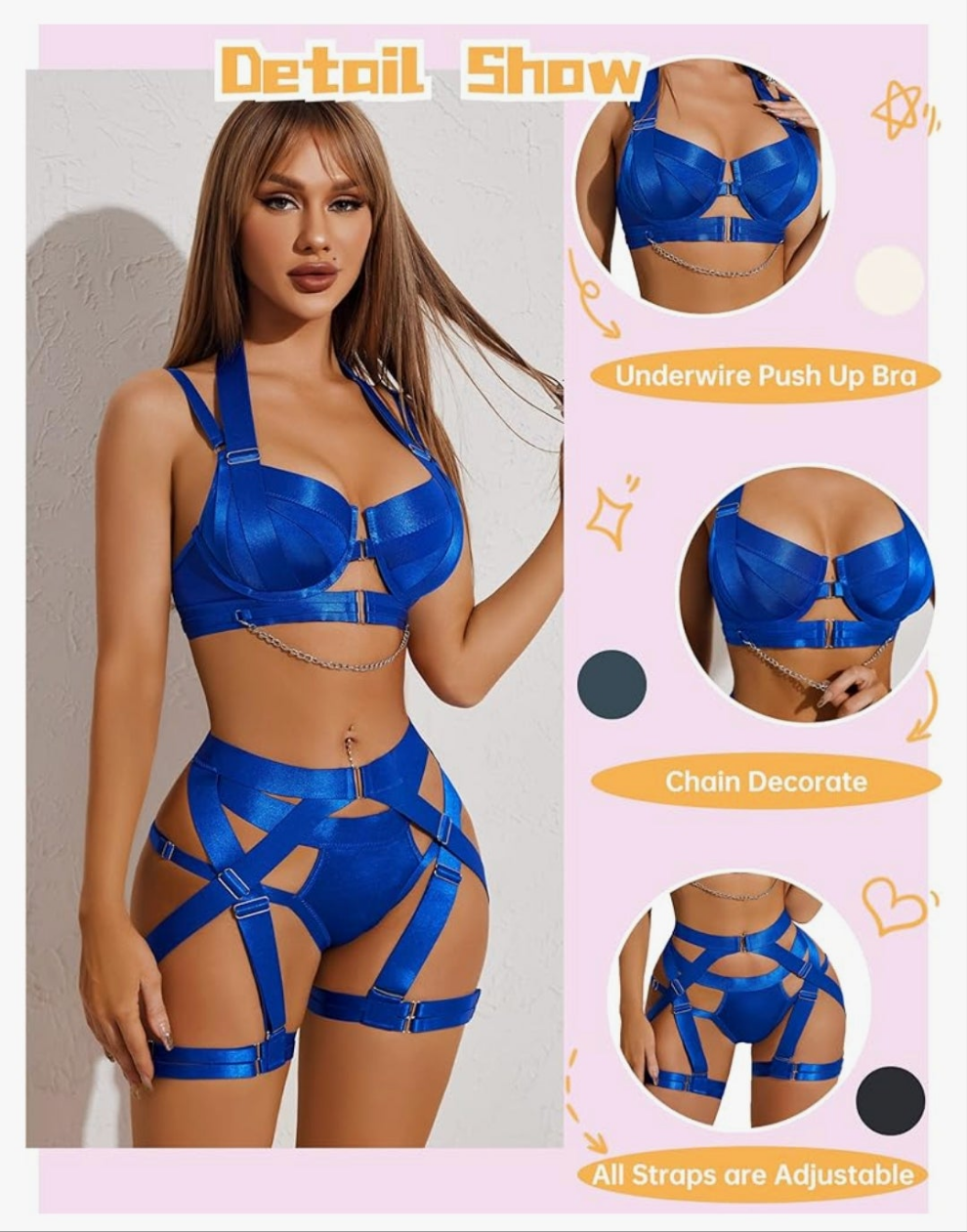 Lingerie Set for Women Sexy Strappy Lingerie Underwire Push Up Bra Garter Set Lingerie with Chain COCOMONEY
