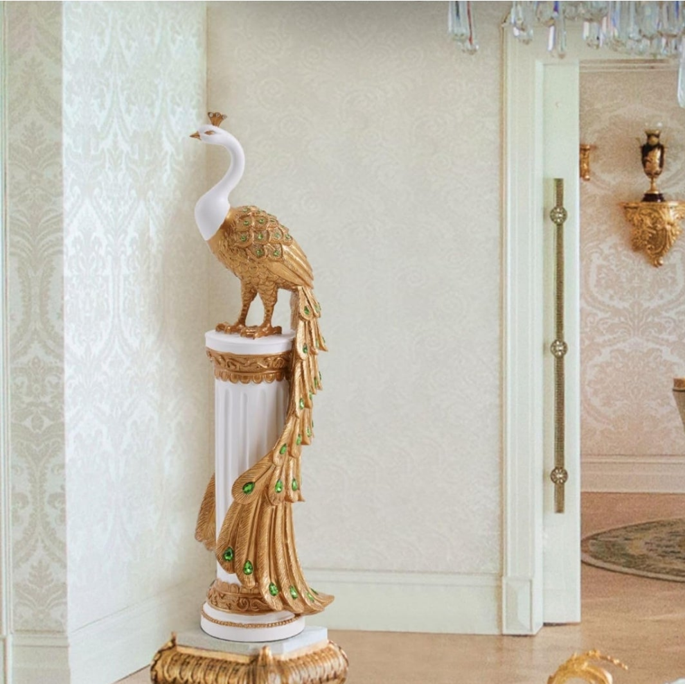 27.6" Decorative Peacock Statue Large Glam Animal Sculpture Resin Crafts Home Decor for Art Ornament (White & Gold)