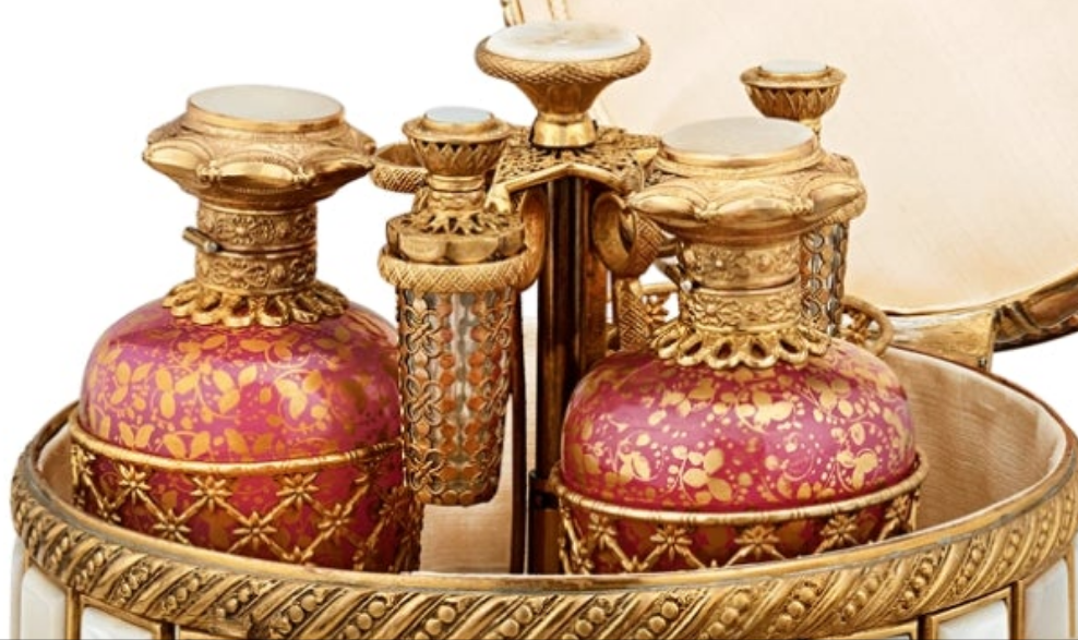 Fabulous Piece A Palais-Royal Mother-of-Pearl Perfume Box and Flasks made of crystal gilt bronze and pink opaline glass. Absolutely stunning. π