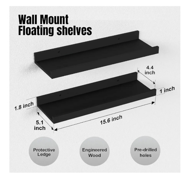 Floating Shelves Wall Mounted Set of 2, Modern Black Wall Shelves for Storage with Lip, Display Picture Ledge Shelf for Wall Decor Bedroom Living Room Bathroom Kitchen
