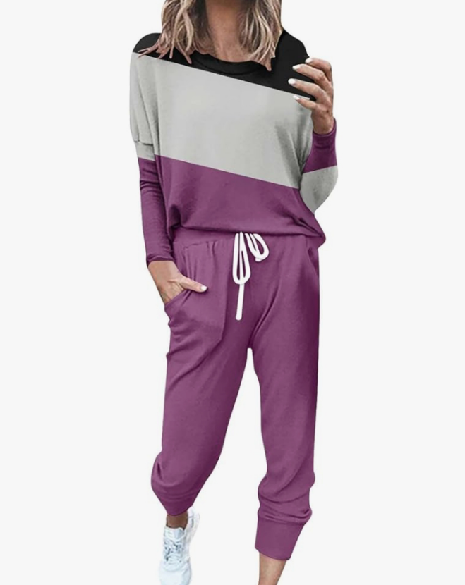 Two Piece Fall Outfits for Women 2024 Long Sleeve Striped/Color Block Tops and Pants Lounge Sets Tracksuit with Pocket