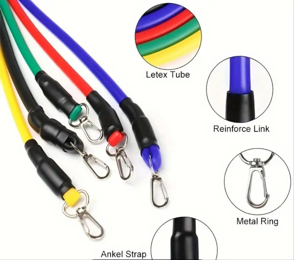 11 piece resistance bands set with door anchor handles ankle straps carry bag.