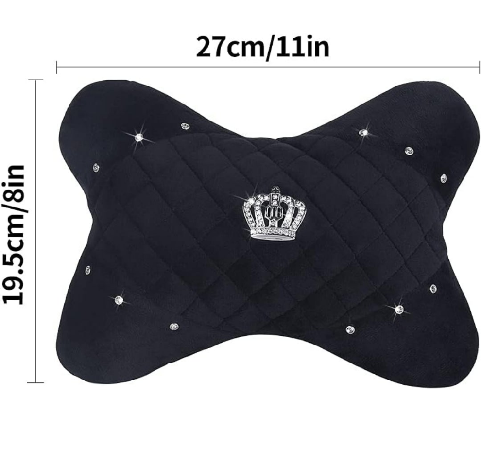2PCS Car Neck Pillow with Bling Rhinestones Crown Universal Bone-Shaped Vehicle Headrest Cushion for Women Girls,Black