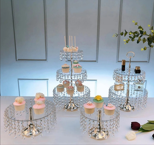 4 Piece Crystal Metal Cake with Beads Cake Stand Set