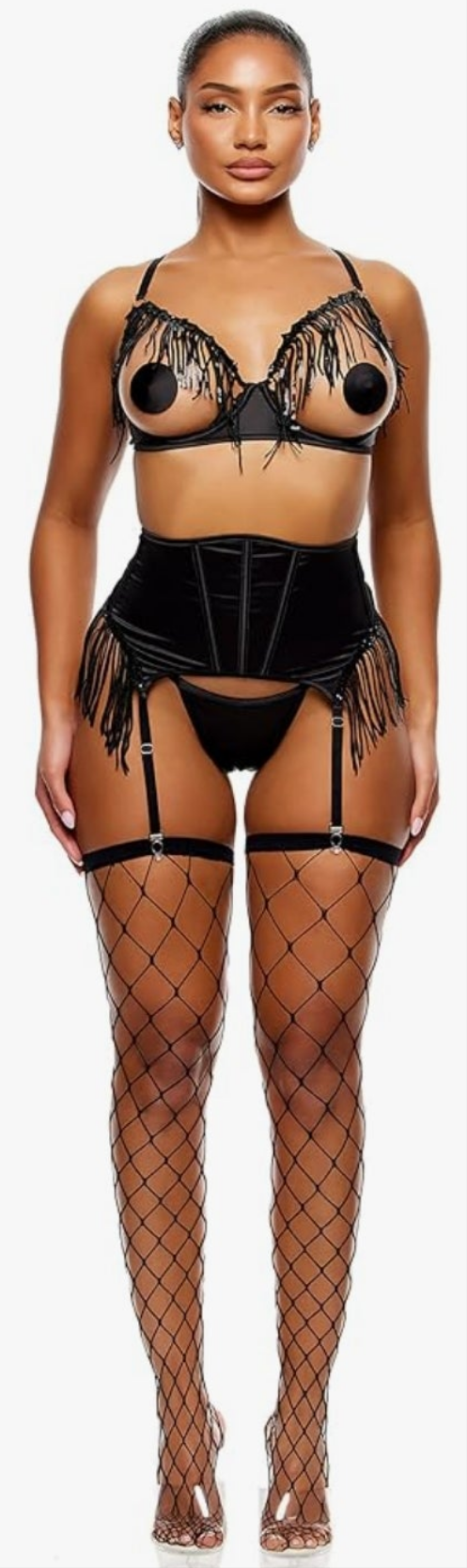 Peep Show Sequin Fringe Bra and Waist Cincher Lingerie Set Cocomoney