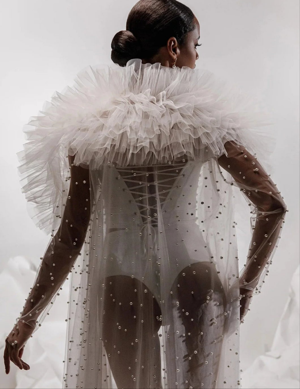 Pearls Ruffled Mesh See-Through Robe-White COCOMONEY under garments not included robe only