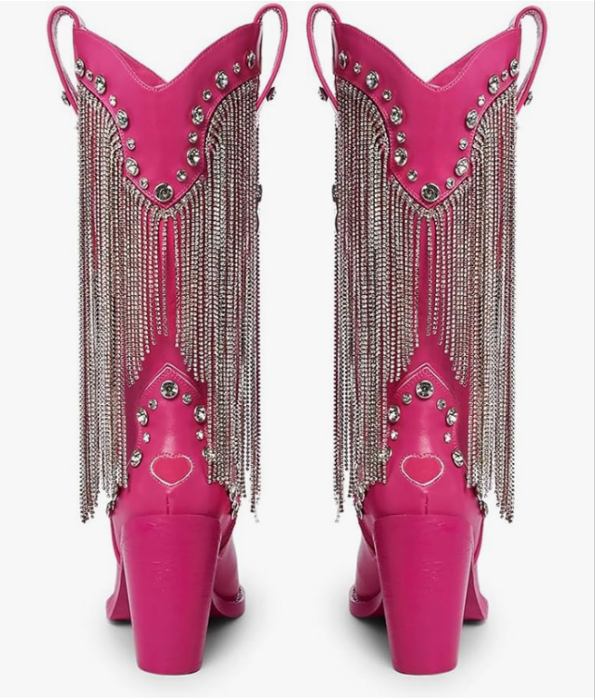 Cowbirl Boots - Vegan Leather Footwear With Rhinestone Fringe and Jewel Studs