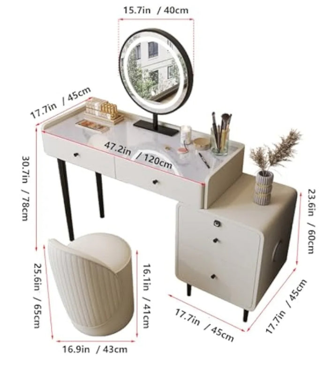Modern Vanity Table with Smart LED Mirror Spacious Storage Soft Makeup Stool Large Drawers All Wood Frame Dressing Table for Bedroom and Small Spaces (Gray 31.5IN) ( D_47.2IN)