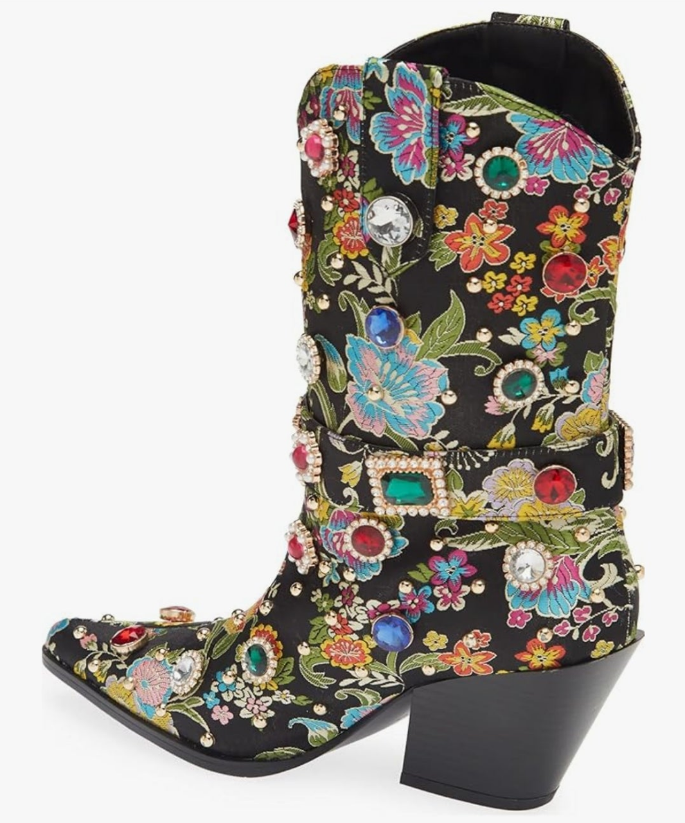 Western Cowgirl Boots For Women Flower Embroidered Rhinestone Mid Calf Pointed Toe Chunky Heel Cowgirl Boots
