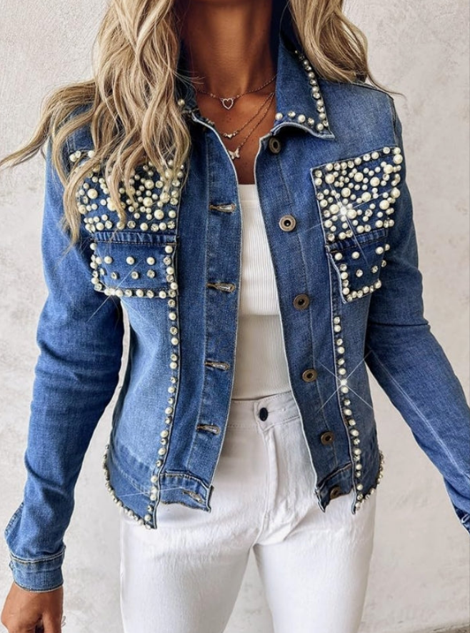 Pearls Denim Jacket Cropped Rhinestones Jean Blazer Coat