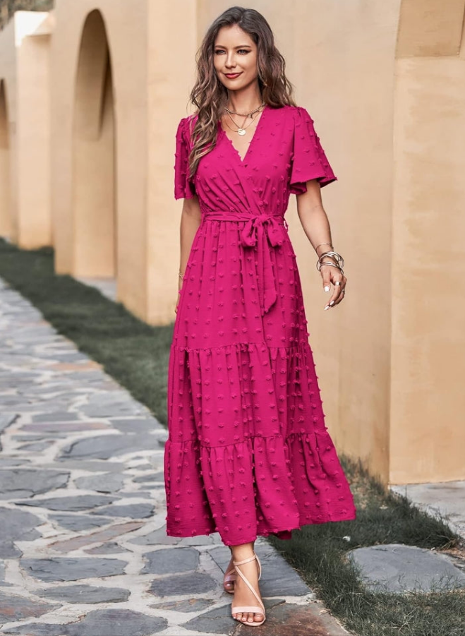 Womens Boho Swiss Dot Maxi Dresses Wrap V Neck Flutter Short Sleeve Solid Tie Belt A Line Tiered Flowy Long Dresses