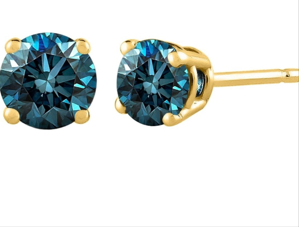 Blue - I1 Round Brilliant Cut Diamond Earring Studs in 14K Gold COCOMONEY