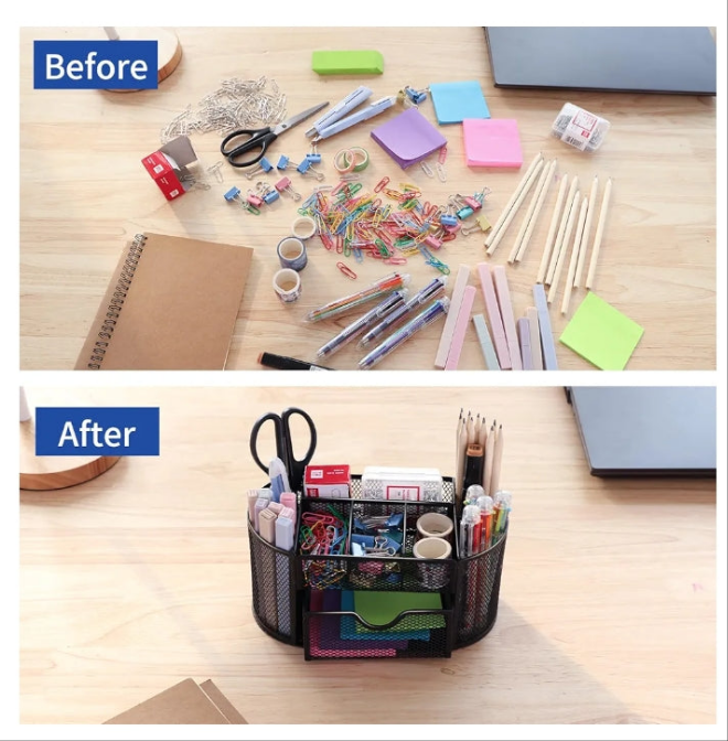 Desk Organizer, Pencil Holder for Desk, Mesh Office Desk Accessories with 8 Compartments and 1 Drawer Stationery Holder School Supplies