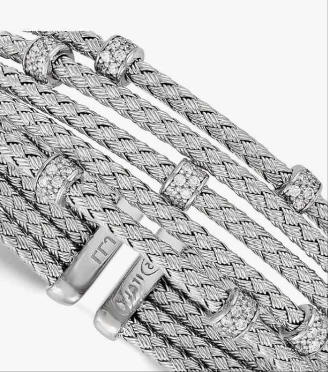 925 Sterling Silver Polished Rhodium Plated CZ Cubic Zirconia Simulated Diamond Woven Flexible Cuff Stackable Bangle Bracelet - Bangle Bracelet for Women