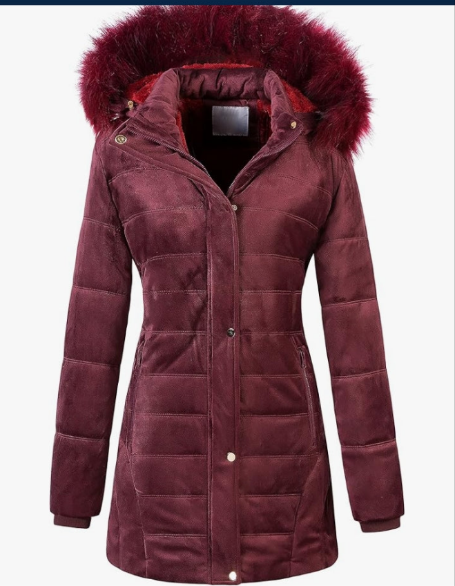 Warm Winter Coat Velvet Puffer Jacket Quilted Faux Fur Hood