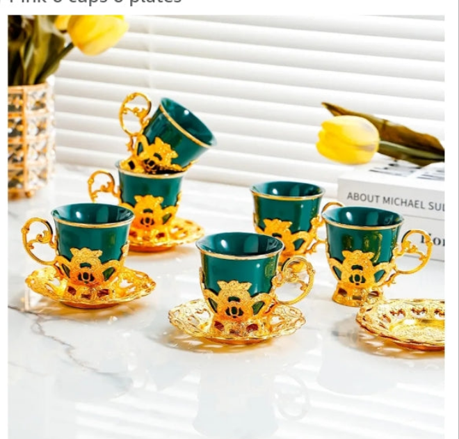 GOLD PLATED Ceramic Coffee Cup Dish Set Simple Gold Plated Mug-Pink 6 cups 6 plates