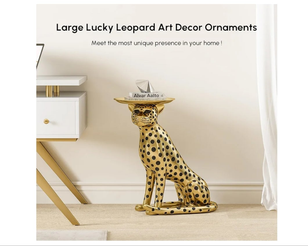 Leopard Statue Side Table with Tray Top– Gold Panther Figurine End Table Art Decor for Home & Gifts