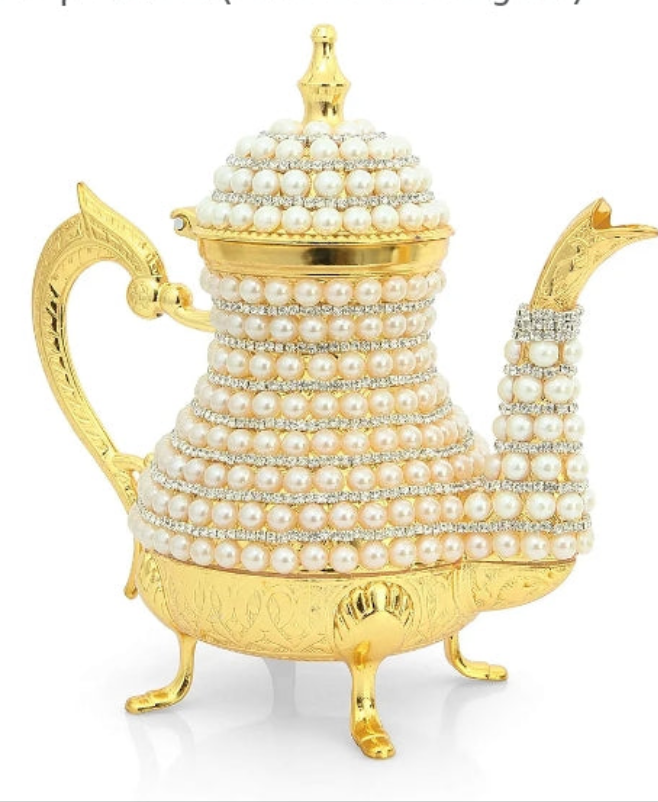 Luxurious Copper and Brass Elegant All in One Serving Set, Large Tea Pot, Decorated with Crystals and Pearls Resistant to High Temperatures (12 Pieces Serving Set)