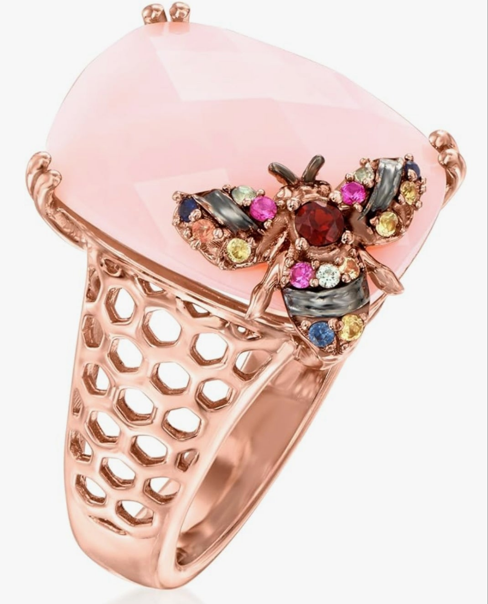 Pink Opal and .10 ct. t.w. Multicolored Sapphire Bumblebee Ring With Single Garnet in 18kt Rose Gold Over Sterling
