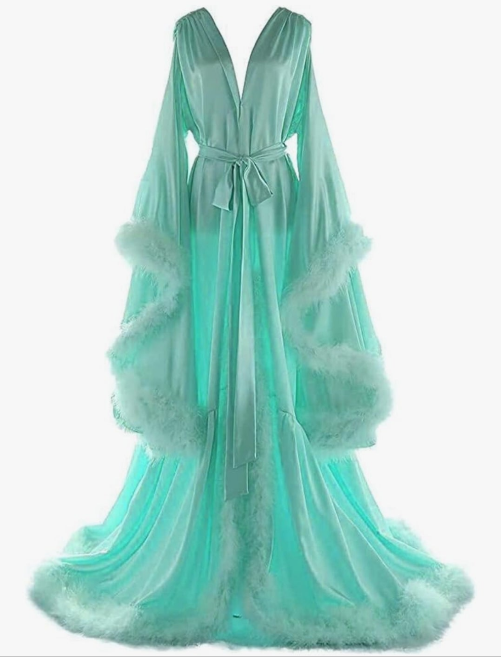 Silk Feather Bridal Robes Old Hollywood Photoshoot Nightgown Silk Bathrobe Long Lingerie COCOMONEY
