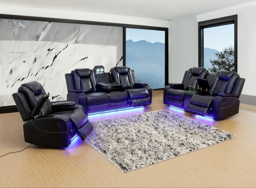 3 Piece Power Reclining Faux Leather with LED Light Living Room Set Movie room Living Room Ding Room Game Room