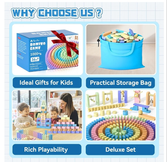 VigorFun 1000+ PCS Dominoes Set for Kids - Wooden Dominos with Extra Blocks and Storage Bag, Building Stacking Game Toys for 3+ Year Old Boys Birthday Gifts